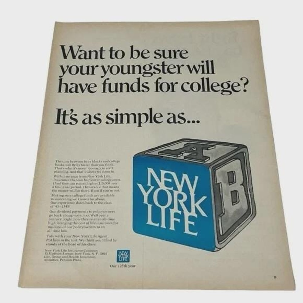 1969 New York Life Funds for College Original Vintage Print Ad